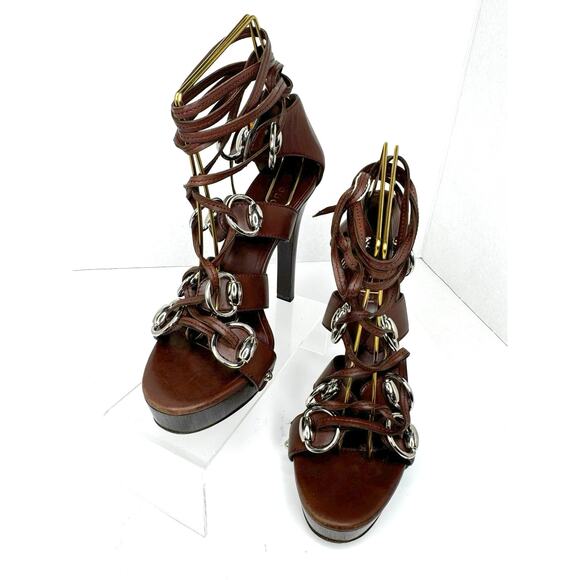 Gucci Bamboo Accent Leather Gladiator Calfskin Strappy Platform Sandals EU 37c - Picture 10 of 12